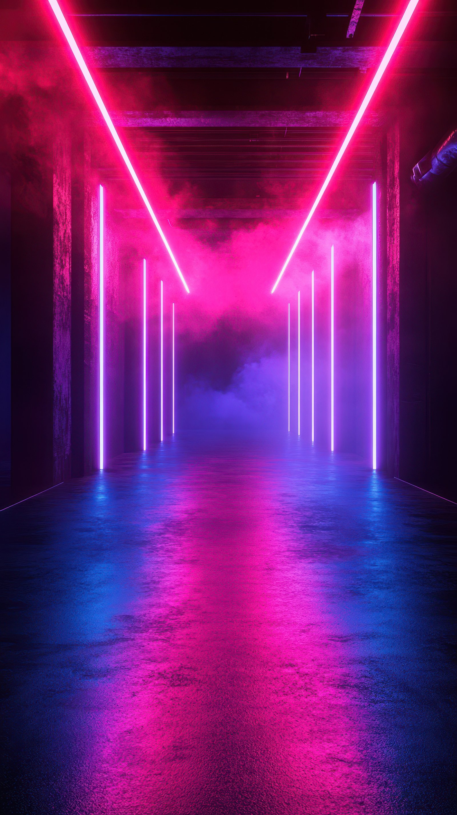 Vibrant neon corridor illuminated with pink and blue lights in an atmospheric setting